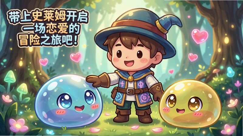 主体:一个卡通风格的冒险者与三只不同颜色的史莱姆站在魔法森林中,史莱姆眼睛水汪汪,冒险者微笑伸手抚摸。布局:冒险者在中间,史莱姆围绕在脚边,背景有发光树木和漂浮的爱心气泡。排版:画面居中构图,人物与史莱姆大小比例协调,左上角有游戏标题“带上史莱姆开启一场恋爱的冒险之旅吧!”的艺术字。风格:日系治愈动漫风,色彩柔和明亮,光影温暖。细节:史莱姆表面有透明胶质感,反射高光;冒险者衣服有魔法纹路;地面有发光花瓣。画质:4K超清,细腻渲染,无多余元素。