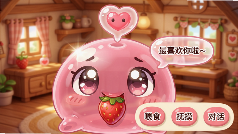 主体:游戏界面中一个粉色史莱姆头顶爱心气泡,旁边有“喂食”“抚摸”“对话”按钮。布局:史莱姆在画面中央占据三分之二,UI按钮在右下角,背景是温馨的小屋。排版:史莱姆特写,心形气泡从头顶冒出,UI简洁圆角设计。风格:二次元可爱风,颜色以粉白为主。细节:史莱姆眼睛大而闪亮,嘴里叼着一颗草莓;气泡内文字“最喜欢你啦~”。画质:高清,光晕效果,无多余元素。