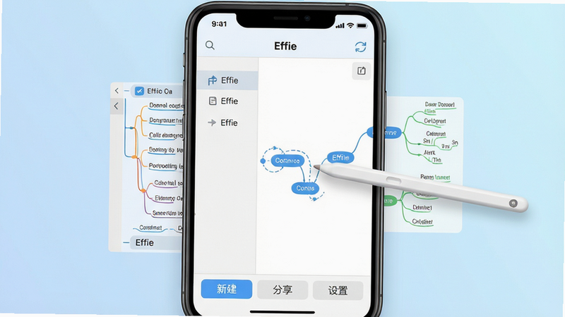 主体:一部智能手机屏幕显示Effie应用的主界面,左侧为大纲列表,右侧为思维导图编辑区域,中央有一支虚拟手写笔正在拖拽节点。布局:手机居中,背景为柔和的渐变浅蓝色。排版:界面简洁,文字清晰,导图节点呈树状分布。风格:扁平化UI设计,干净明亮。细节:顶部状态栏有“Effie”字样和同步图标,底部工具栏有“新建”“分享”“设置”按钮。画质:高清,光线均匀,无多余元素。