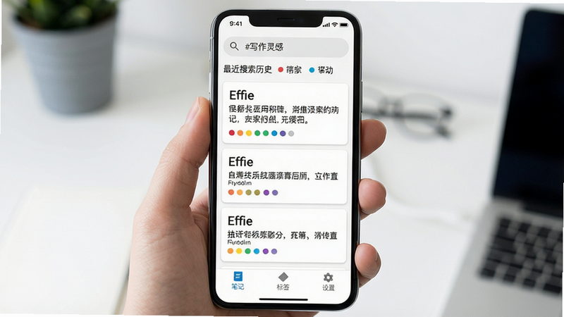 主体:手机竖屏显示Effie的笔记列表,顶部搜索框有“#写作灵感”标签筛选结果。布局:列表呈卡片式排列,每张卡片显示标题、摘要和标签。排版:标签以彩色圆点形式展示,搜索框下方有最近搜索历史。风格:Material Design风格,白色背景。细节:底部导航栏有“笔记”“标签”“设置”图标。画质:锐利,无多余元素。