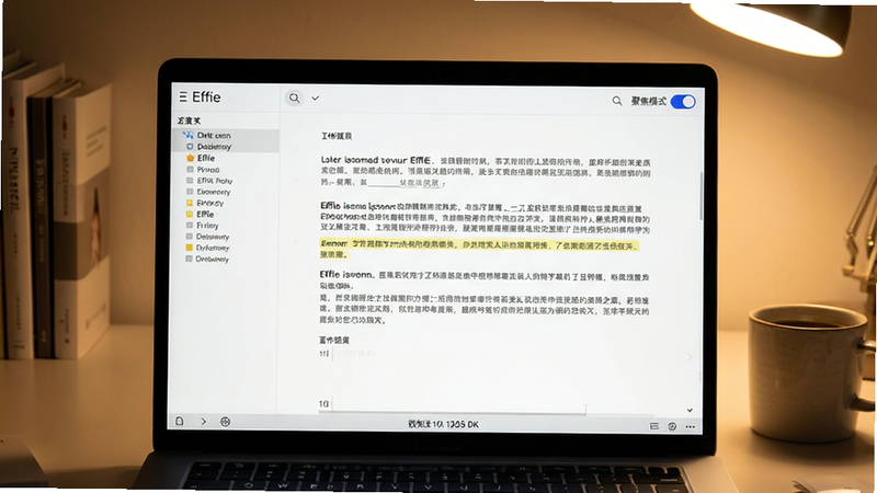 主体:一台笔记本电脑屏幕显示Effie的写作界面,背景是安静的书桌,旁边放着一杯咖啡。布局:屏幕居中大面积显示白色编辑区,左侧有窄条大纲索引。排版:段落清晰,高亮当前行。风格:极简主义,暖色调打光。细节:屏幕右上角显示“聚焦模式”开关,底部有字数统计。画质:8K超清,无杂乱元素。