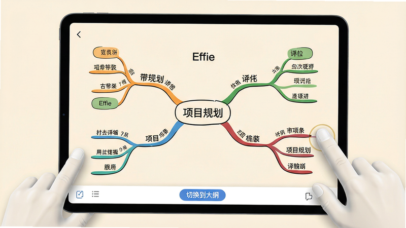 主体:平板电脑横屏显示Effie的思维导图,中央是“项目规划”中心节点,向外延伸彩色分支。布局:导图居中,分支均匀分布,平板边缘有虚拟手指正在拖动节点。排版:分支文字清晰,层级用不同颜色区分。风格:手绘风格线条+扁平节点,背景为浅米色。细节:底部工具栏有“切换到大纲”按钮,导图节点有圆角矩形边框。画质:高分辨率,干净无多余元素。