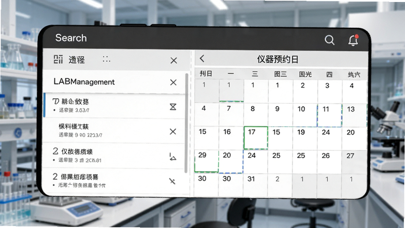 一张展示LABManagement软件主界面的手机截图,左侧是样本列表,右侧是仪器预约日历,顶部有搜索和通知图标,背景是实验室场景的模糊化处理,整体风格简洁科技感,画质清晰干净,无多余元素。