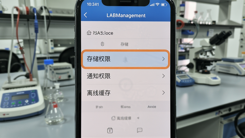 一张手机屏幕显示LABManagement设置界面的截图,突出显示“存储权限”、“通知权限”、“离线缓存”三个选项,背景为实验室操作台,画面干净,文字清晰。