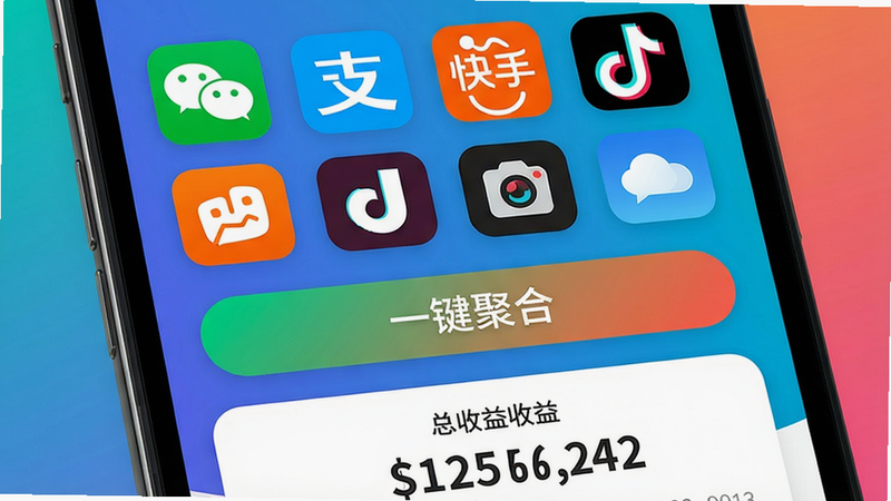 һ��չʾ��ƽ̨�ۺϹ��ܵĽ��棬����Ϊ�ֻ���Ļ�������Ϸ���ʾ���ƽ̨logoͼ�꣨��΢�š�֧���������֡������ȣ����������У��м��С�һ���ۺϡ���ť���ײ������������֣�����ִ���Լ��ɫ�����ޣ����ʸ��塣