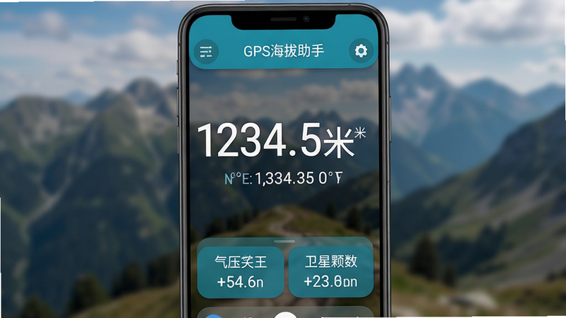 主体为一部安卓手机屏幕截图,屏幕中显示GPS海拔助手主界面,布局居中,上方大字显示当前海拔高度“1234.5米”,旁边有经纬度数据,底部有气压、卫星颗数等实时数据。风格为写实科技感,背景为户外山景模糊效果,细节包括UI控件圆角设计、蓝绿色主题色,画质高清干净,无多余元素。文字标注:“GPS海拔助手”预览图
