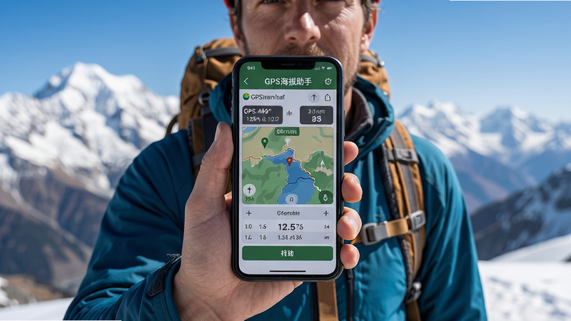 主体为户外登山场景,一名登山者手持手机,手机屏幕显示GPS海拔助手定位界面。布局为人物半身特写,手机居于画面中央。风格为真实摄影风格,阳光明媚,细节包括手机屏幕上的经纬度和海拔数值清晰可见,背景是雪山和蓝天,画质细腻干净,无其他杂物。文字标注:“GPS海拔助手”精准定位