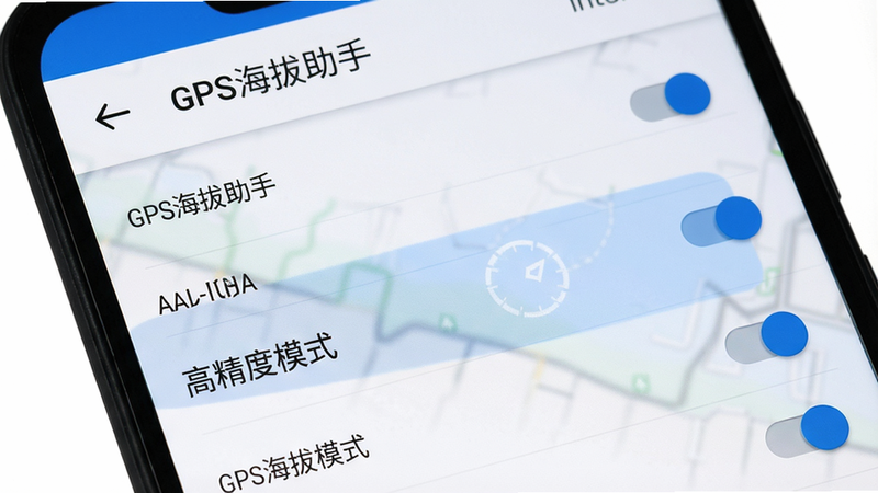 主体为一部安卓手机屏幕显示GPS海拔助手设置界面,高亮显示“高精度模式”开关。布局为列表样式,顶部有返回按钮。风格为系统原生UI,细节包括每个选项右侧有开关按钮,画质清晰干净,无多余元素。文字标注:“GPS海拔助手”设置页