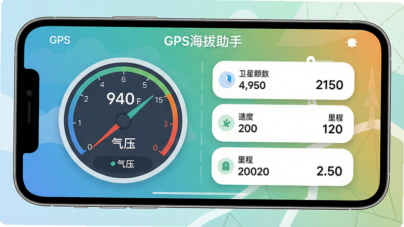 主体为手机横屏显示GPS海拔助手数据面板,布局分为左右两栏,左侧是圆形仪表盘显示海拔和气压,右侧是列表显示卫星颗数、速度、里程等。风格为扁平化UI设计,色彩清新,细节包括渐变背景和圆角卡片,画质干净无多余元素。文字标注:“GPS海拔助手”数据面板