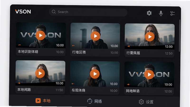 主体:VSON播放器的主界面截图,布局:顶部有搜索栏和功能图标,中部为视频列表缩略图,底部导航栏包含“本地、网络、设置”等标签。排版:采用卡片式布局,每个视频封面带标题和时间,背景为深色主题。风格:现代极简,扁平化UI,图标线条清晰。细节:界面文字“VSON”标识位于左上角,播放按钮为橙色高亮。画质:超清1080p,无噪点,干净整洁,无多余元素。