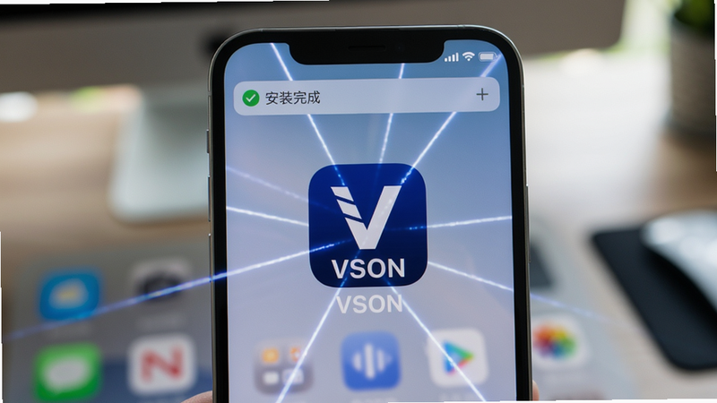 主体:手机屏幕显示VSON安装成功的界面,桌面上有VSON图标。布局:手机居中,屏幕亮起,图标周围有激光效果。排版:图标为深蓝色底白色字母“V”,下方有“VSON”字样。风格:写实手机照片,光影自然。细节:通知栏显示“安装完成”,背景为模糊的桌面。画质:高清晰,干净无多余元素。