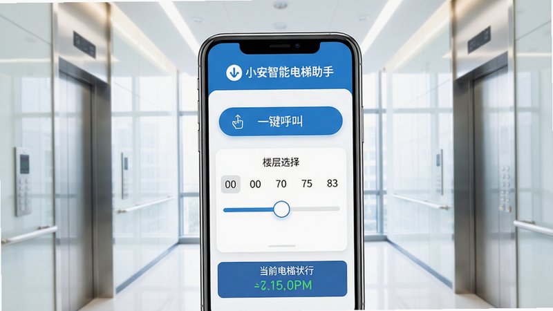 主画面中心是一部智能手机屏幕,屏幕上显示小安智能电梯助手的App界面,背景是明亮通透的写字楼电梯厅,界面顶部有