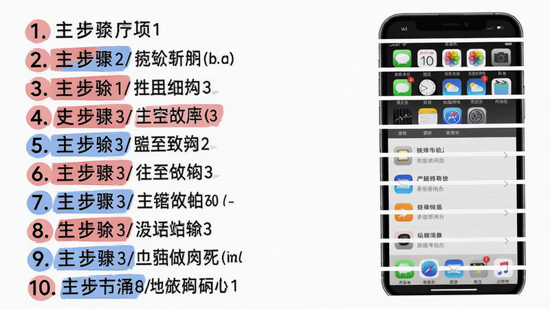 手机横屏展示使用指南中的步骤截图,左侧列出1-10步文字说明,右侧对应每步的界面示意图,整体排版清晰,白底黑字,关键步骤用红色和蓝色高亮标注,画质高清,干净无多余元素