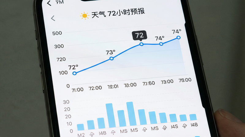 主体:手机屏幕显示72小时逐时预报界面,布局:横轴为时间,纵轴为温度,排版:折线图下方附带降水概率柱状图,风格:简洁图表,细节:温度折线为蓝色,降水柱为浅蓝色,当前时间高亮,文字标注“天气 72小时预报”,画质:高清