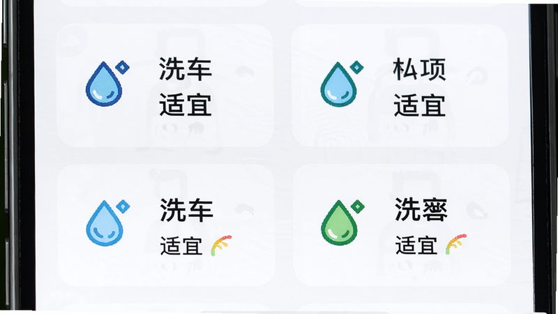 主体:手机屏幕显示生活指数列表,布局:卡片式排列,每个指数有图标和文字说明,排版:两列网格,风格:清新,细节:指数图标如“洗车”用水滴图案,文字如“适宜”,画质:高清