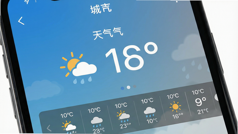 主体:手机屏幕显示天气APP主界面,布局:居中显示当前天气信息如温度、天气图标,排版:顶部城市名称,中部大字号温度,底部小时预报滑动条,风格:扁平化设计,细节:天气图标清晰,温度数字醒目,背景色根据天气变化(晴天为蓝色,雨天为灰色),画质:高清,干净,无多余元素,文字标注“天气”