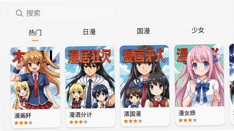 主体为“漫画大全”安卓版主界面预览图,采用简洁明亮的卡片式布局,顶部有搜索栏,下方分类标签如“热门”“日漫”“国漫”“少女”,中间显示漫画封面缩略图阵列,风格清新,细节包括每张封面带标题和评分,画质高清,干净无多余元素。