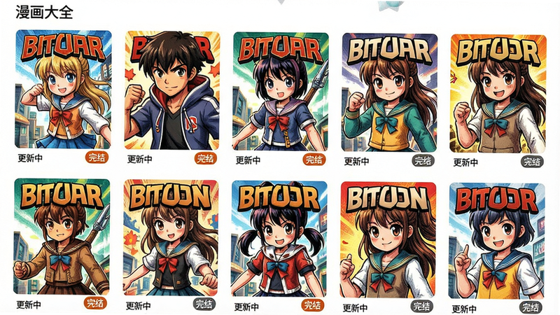 主体为“漫画大全”漫画库页面,布局采用网格缩略图展示多种风格漫画封面,排版整齐,风格鲜艳,细节包括每张封面下方显示“更新中”或“完结”标签,画质清晰,干净无多余元素。