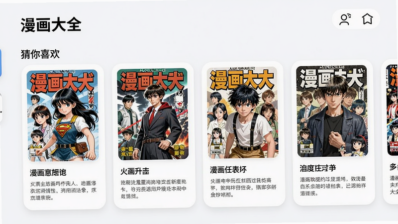 主体为“漫画大全”推荐页面,布局左右滑动卡片,每张卡片包含漫画封面、标题和简短介绍,风格现代,有“猜你喜欢”标题,细节干净,画质高清。
