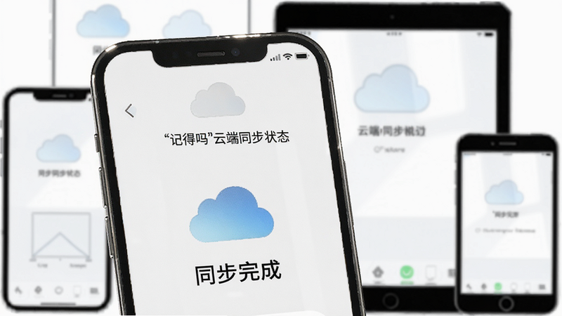 一张展示‘记得吗’云端同步状态的界面,手机屏幕显示‘同步完成’字样,旁边有云朵图标,背景有多个设备(手机、平板)示意图,风格简约,画质干净。
