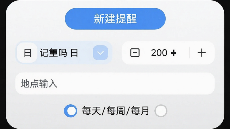 一张展示‘记得吗’提醒设置界面的截图,顶部有‘新建提醒’标题,下面有日期选择器、时间选择器、地点输入框,下方有重复选项(每天/每周/每月),整体界面简洁,按钮风格圆润,画质高清。