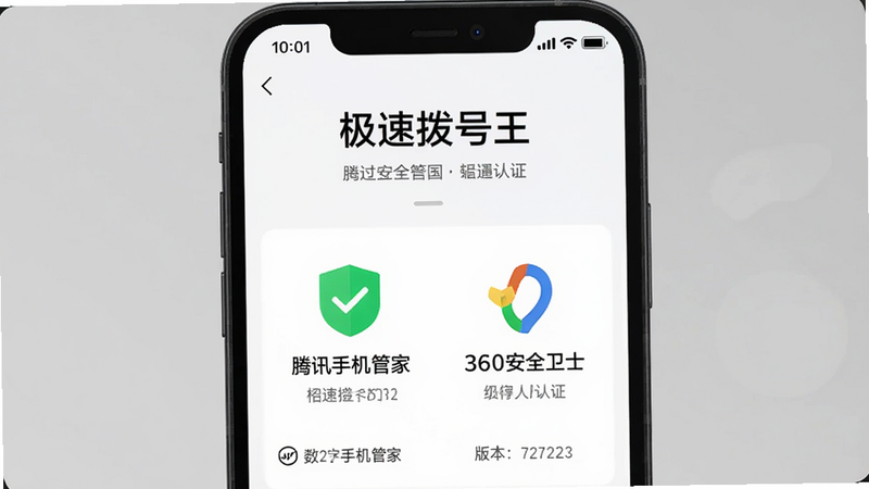 主体为手机安全检测界面,显示“极速拨号王”通过腾讯手机管家和360安全卫士认证,含绿色盾牌图标,布局居中,风格简洁,细节有数字签名和版本号,画质清晰干净,无多余元素