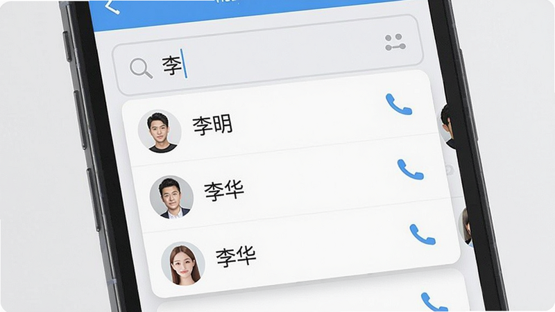 主体为手机搜索界面,搜索框中输入“李”后下拉列表显示“李明”“李华”等联系人,每个联系人右侧有一键拨号图标,布局上下排列,风格清爽,文字清晰,画质干净,无多余元素