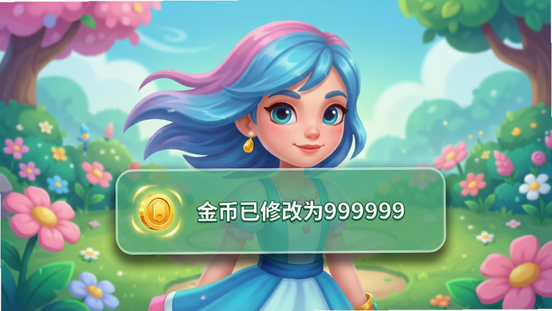 主体:莉莉故事游戏画面背景,主角在花园场景中,悬浮窗弹出“金币已修改为999999”的绿色成功提示;布局:提示框位于屏幕中央偏下,半透明背景衬托清晰文字;排版:提示框有圆角边框,左侧有小金币图标;风格:卡通梦幻风格,色彩鲜艳以粉蓝绿为主;细节:主角头发随风飘动,金币图标发光旋转,提示框阴影柔和;画质:超清细腻,画面干净无干扰元素