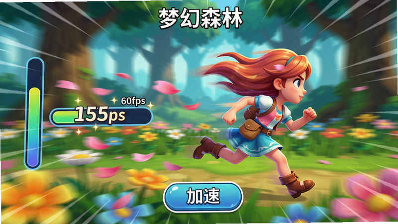 主体:莉莉故事游戏关卡中,角色快速奔跑穿过花丛,背景模糊体现高速运动;布局:横屏游戏画面,角色位于画面中央偏右,左侧有加速百分比进度条;排版:画面顶部显示当前关卡名“梦幻森林”,底部有加速按钮悬浮;风格:动态模糊卡通风格,色彩明亮带速度线;细节:角色头发后飘,花瓣被带起,速度条数字闪烁;画质:60fps流畅模拟,干净无多余文字