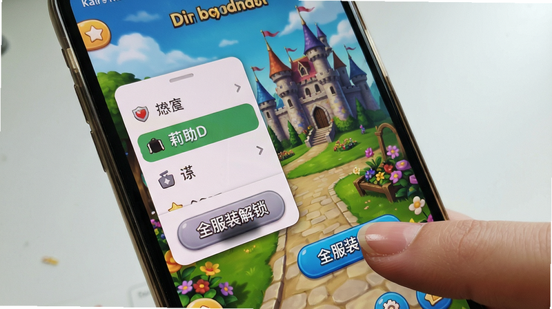 主体:手机屏幕上同时显示莉莉故事游戏画面和辅助菜单悬浮窗,用户手指点击“全服装解锁”按钮;布局:竖屏手机特写,手指在屏幕右下角点击,游戏背景为城堡花园;排版:悬浮窗位于左侧,展开显示功能列表,当前选中项高亮;风格:真实手机摄影风格,简洁桌面背景;细节:手指指甲干净,屏幕反光自然,辅助菜单按钮有按压反馈阴影;画质:1080p实拍质感,画面干净无多余文字和图标
