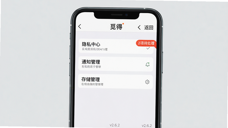 主体:手机屏幕上显示觅得APP的设置页面,页面有“隐私中心”“通知管理”“存储管理”等选项,右上角有“返回”按钮。布局:手机居中,背景为浅灰色。排版:列表样式,每行一个设置项。风格:写实截图风格。细节:项目中有一个红色角标提示“2项待处理”,底部有版本号“v2.6.2”。画质:高清,干净无多余元素。