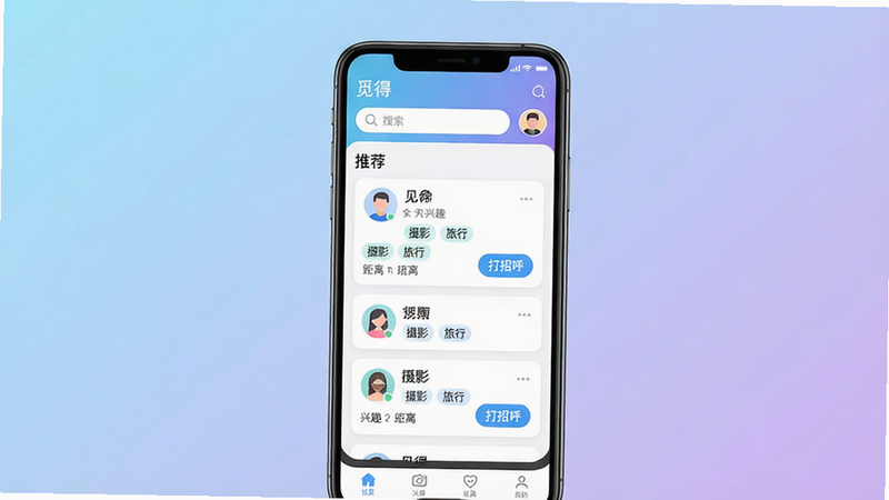 主体:一部智能手机屏幕显示“觅得”APP主页,界面清爽,顶部有搜索框和个人头像,中部是推荐用户卡片列表。布局:居中构图,手机在画面中央,背景为渐变色(浅蓝到浅紫)。排版:手机屏幕内元素按实际APP布局排列。风格:扁平化UI设计,色彩明亮柔和。细节:卡片上显示用户昵称、兴趣标签(如“摄影”“旅行”)、距离和“打招呼”按钮。画质:高清,干净无多余元素。