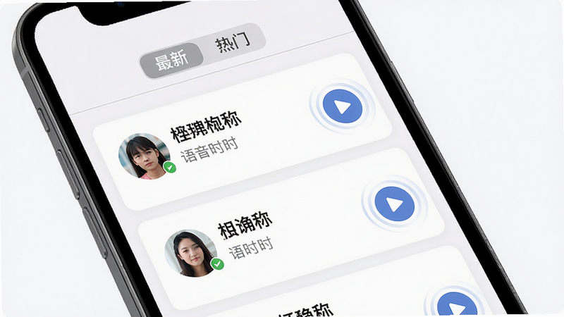 主体:手机界面展示语音动态广场,顶部有“最新”“热门”选项卡,下方是卡片列表,每个卡片显示用户头像、昵称、语音时长和播放按钮。布局:竖屏界面,卡片上下排列。排版:卡片内左头像右文本。风格:模拟真实APP界面,iOS风格。细节:播放按钮有波纹动画示意,背景色为纯白。画质:高清,干净。