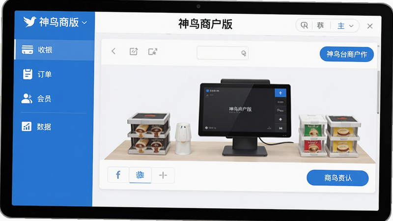 一张神鸟商户版软件主界面截图,采用左右分栏布局,左侧导航栏包含“收银”、“订单”、“会员”、“数据”等图标,右侧展示收银台操作区,背景为干净白色,整体风格现代扁平化,蓝色与白色为主色调,画质高清无多余元素,界面中央上方有“神鸟商户版”文字标识
