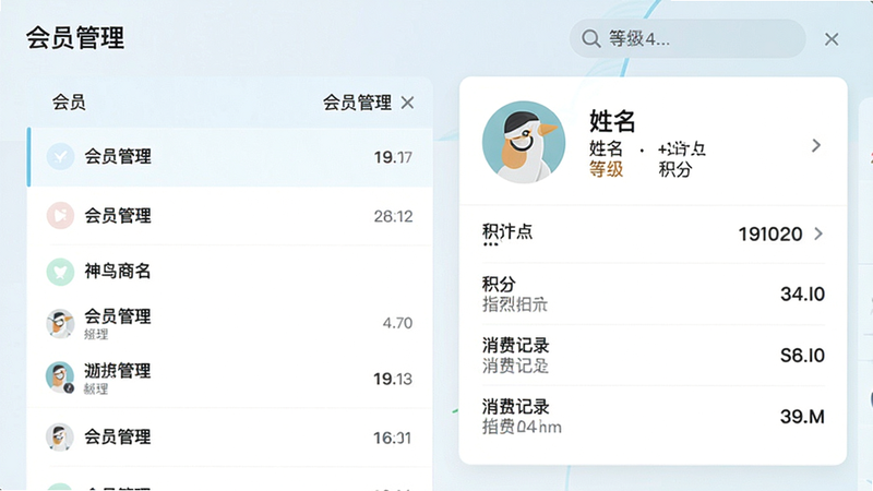 一张神鸟商户版会员管理界面截图,左侧为会员列表,右侧显示某会员详情卡片,包含头像、姓名、等级、积分、消费记录等信息,布局规整,色彩柔和,风格清晰现代,画质干净无多余元素,文字标注“会员管理”