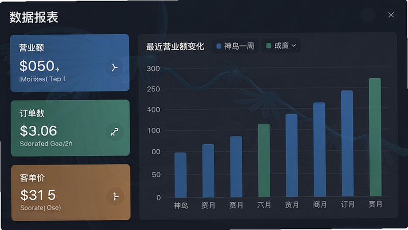 一张神鸟商户版数据报表界面截图,左侧为数据概览卡片(营业额、订单数、客单价),右侧为柱状图展示最近一周营业额变化,整体布局工整,配色沉稳,风格商务专业,画质高清干净,无多余元素,文字标注“数据报表”