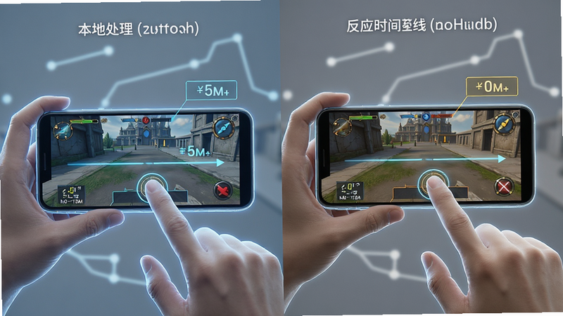 主体为手部操作手机屏幕的慢动作示意图,从手指点击到游戏内反应的时间线对比,显示本地处理流程,布局分为左右对比,风格科技感线条图,细节包括毫秒数标注,画质干净无多余元素。