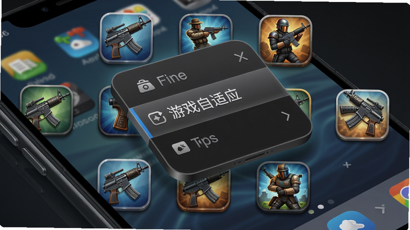 主体为多款射击游戏图标排列在手机桌面上,中间悬浮的菜单中选择