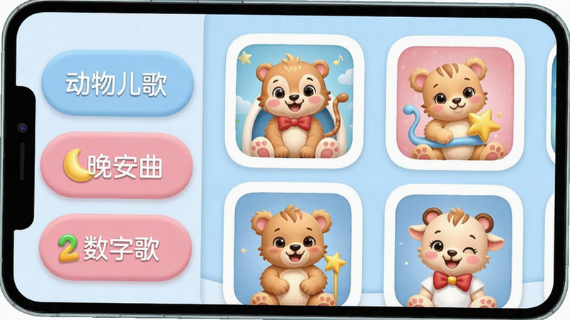 宝宝儿歌软件界面展示儿歌分类列表,左侧有“动物儿歌”“晚安曲”“数字歌”等标签,右侧显示歌曲封面,整体采用圆润卡片式设计,配色以淡蓝色和粉色为主,干净清爽,画质高清,突出软件分类清晰的特点。