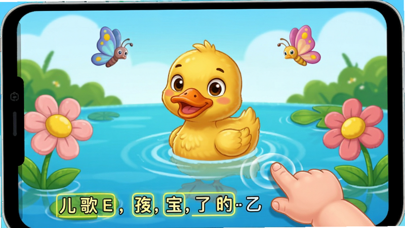宝宝儿歌动画播放画面,屏幕中央是小鸭子在水里游,周围有花朵和蝴蝶,底部显示歌词高亮,宝宝的小手正在点击屏幕上的水波纹,画面色彩明快,画质细腻,干净无杂物,突出互动效果。