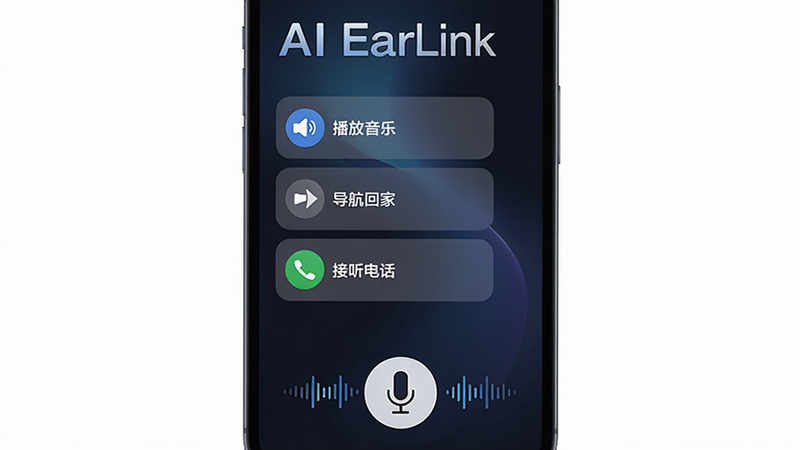 展示手机屏幕上AI EarLink的语音助手界面,底部有麦克风图标和声波动画,左侧列出常用指令卡片如「播放音乐」「导航回家」「接听电话」,背景为深色渐变,文字「AI EarLink」浮现在顶部,画质清晰,构图居中,风格简洁明亮。