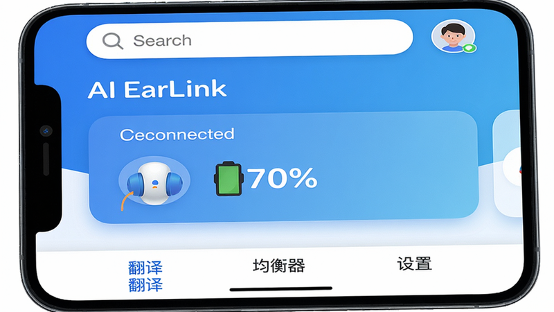 一幅手机截图,展示AI EarLink首页界面,顶部有搜索栏和用户头像,中间是已连接耳机卡片显示电量70%,底部有「翻译」「均衡器」「设置」三个标签,整体UI采用圆角卡片设计,主色为蓝白渐变,文字「AI EarLink」清晰可见,画质高清,无冗余元素。