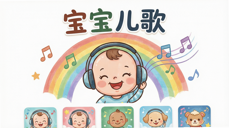 主体:宝宝儿歌APP的界面主屏幕,中央展示一个卡通小宝宝戴着耳机听歌的插图,背景是彩虹与音符。布局:居中构图,界面元素简洁,上方显示“宝宝儿歌”大字标题,下方排列儿歌专辑封面。排版:清晰明快,文字与图标比例协调。风格:卡通手绘风,色彩柔和水嫩,低饱和度。细节:音符从耳机中飘出,小宝宝笑容灿烂。画质:4K超清,干净明亮,无多余元素。