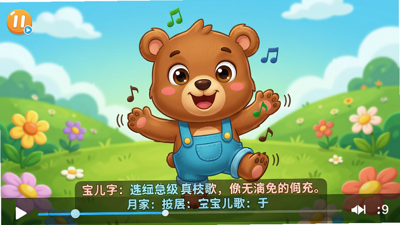 主体:宝宝儿歌APP的一个MV播放界面,画面中卡通小熊边跳边唱歌,歌词逐句高亮显示。布局:全屏播放器,底部有歌词字幕。排版:16:9画面,歌词居中底部。风格:二维动画,鲜艳明快。细节:小熊的动作与节奏同步,背景有草地、花朵。画质:超高清,无多余元素。