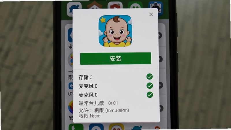 主体:手机屏幕上显示宝宝儿歌APP的安装界面,有“安装”按钮,下方有权限提示列表。布局:居中,类似Android安装弹窗。排版:标准安装界面样式。风格:原生系统UI。细节:权限列表包括存储、麦克风等,打勾表示允许。画质:清晰,无多余元素。