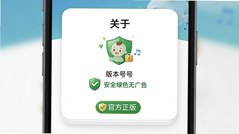主体:宝宝儿歌APP的“关于”界面,显示版本号、检测结果“安全绿色无广告”,底部有“官方正版”标识。布局:居中卡片式,白色背景。排版:简洁文字描述。风格:官方页面。细节:有绿色盾牌图标。画质:高清,无多余元素。