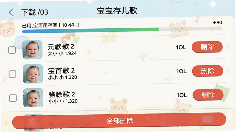 主体:宝宝儿歌APP的缓存管理界面,显示已下载的儿歌列表,每个条目右侧有“删除”按钮,顶部显示已用空间与可用空间。布局:列表式,底部有“全部删除”按钮。排版:清晰展示每首歌的大小与状态。风格:简洁功能化,浅色背景。细节:进度条显示存储占比。画质:清晰,无多余元素。