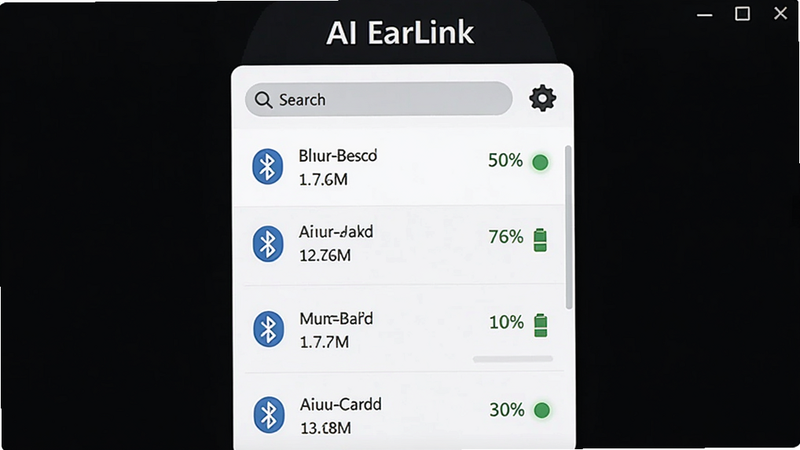 主体:AI EarLink软件界面截图,布局:中央显示蓝牙设备列表,顶部有搜索按钮和设置图标,排版:扁平化设计,风格:明亮清新,细节:设备名称、电量百分比、连接状态图标,画质:高清,干净无多余元素,文字:软件名称