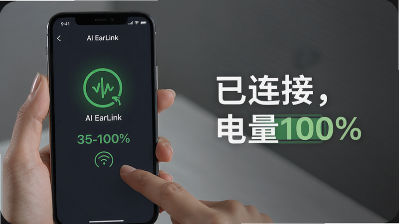主体:用户正在手机上操作AI EarLink应用,布局:左侧手机屏幕显示连接成功界面,右侧有文字提示“已连接,电量100%”,排版:图文结合,风格:教程风格,细节:高亮显示连接图标和电量百分比,画质:清晰,干净