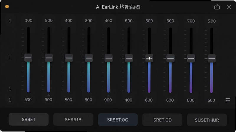 主体:AI EarLink均衡器设置界面,布局:中央显示10段滑块,底部有预设模式按钮,排版:对称布局,风格:深色主题,细节:滑块颜色渐变,频率数值标注,画质:高分辨率,干净无多余元素